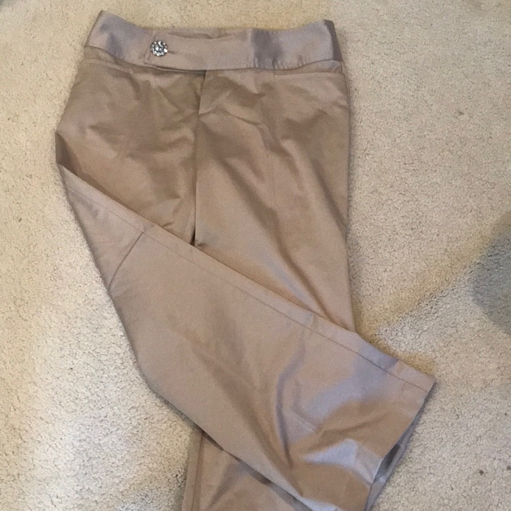 Nanette Lapore tan dressier pants with rhinestone button.